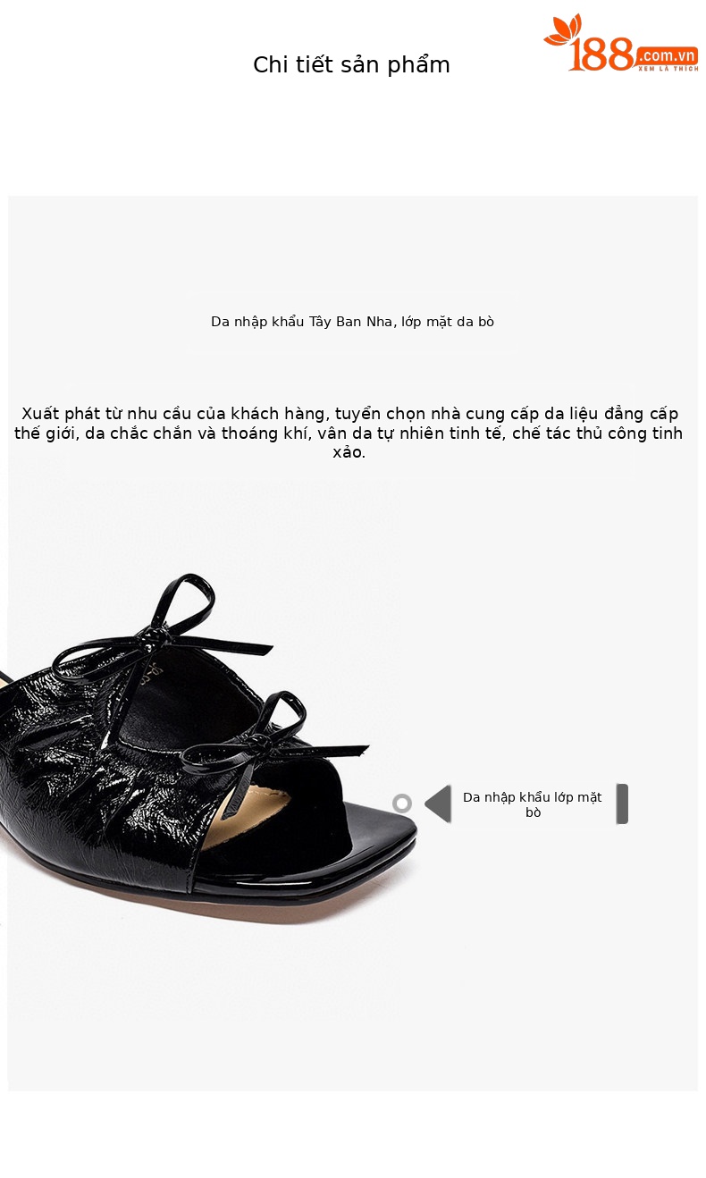 Dép sandal nữ da thật mũi cá nơ bướm quai ngang gót thấp đầu vuông — màu đen chi tiết 2