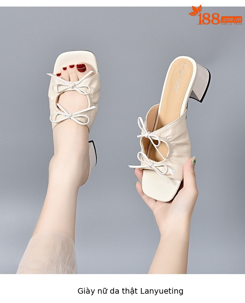 Dép sandal nữ da thật mũi cá nơ bướm quai ngang gót thấp đầu vuông — màu đen chi tiết 5