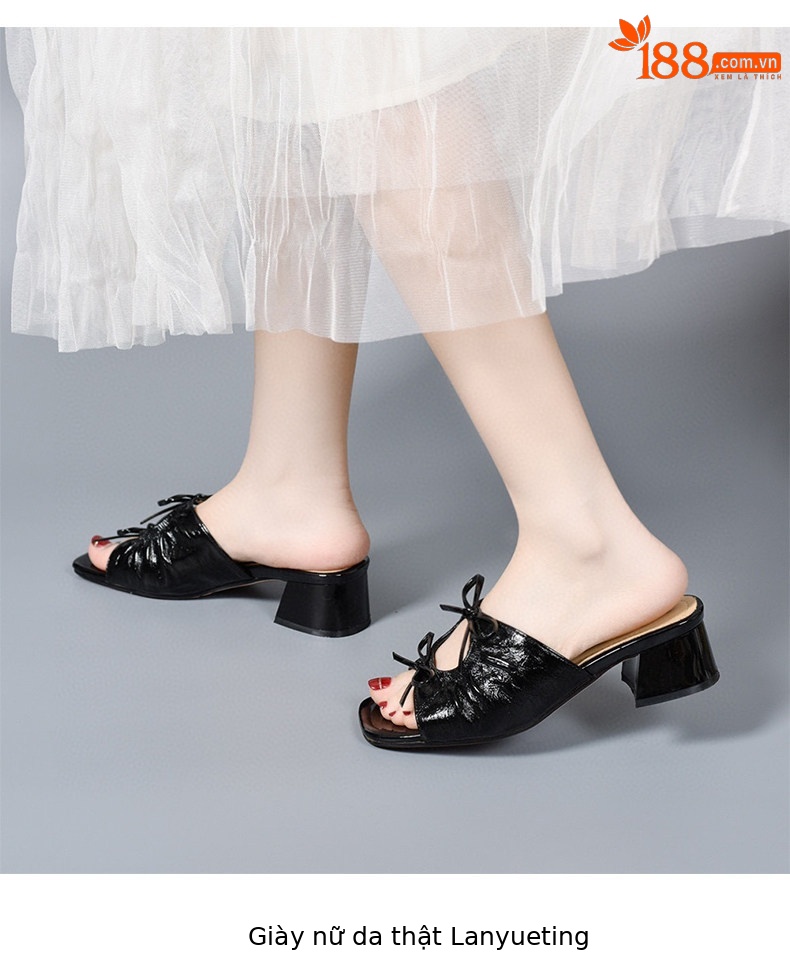 Dép sandal nữ da thật mũi cá nơ bướm quai ngang gót thấp đầu vuông — màu đen chi tiết 6