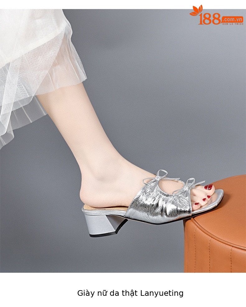 Dép sandal nữ da thật mũi cá nơ bướm quai ngang gót thấp đầu vuông — màu đen chi tiết 7