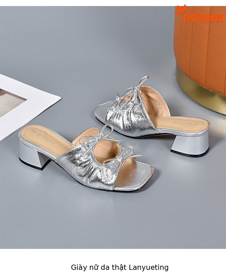 Dép sandal nữ da thật mũi cá nơ bướm quai ngang gót thấp đầu vuông — màu đen chi tiết 8