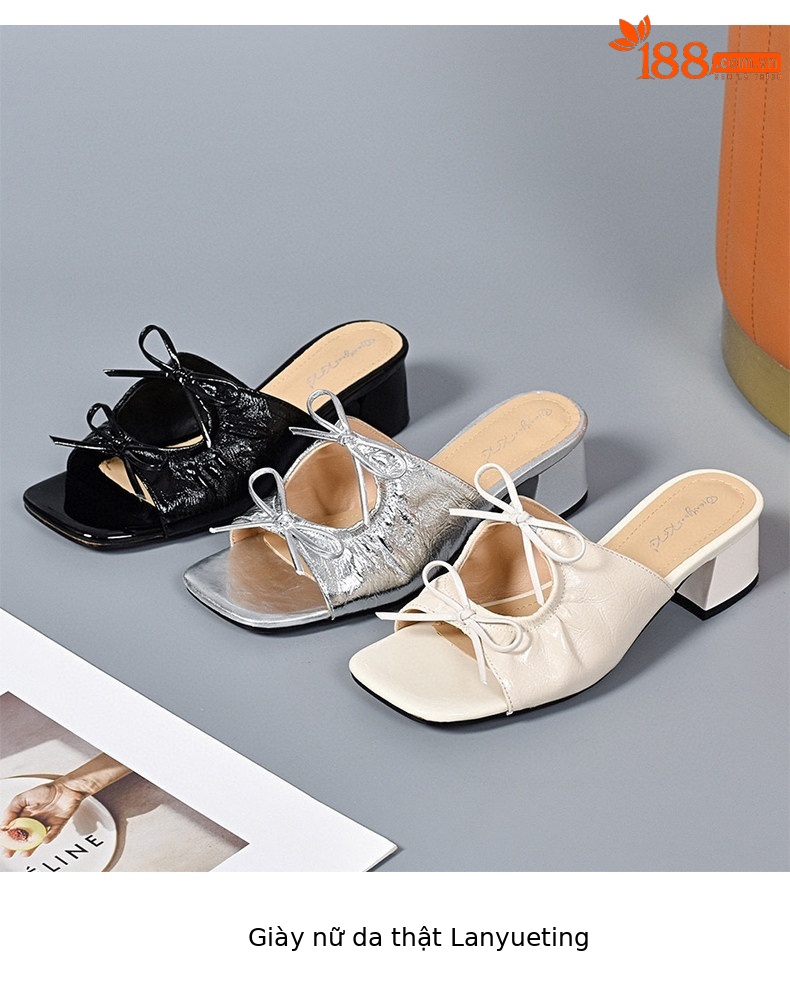 Dép sandal nữ da thật mũi cá nơ bướm quai ngang gót thấp đầu vuông — màu đen chi tiết 9