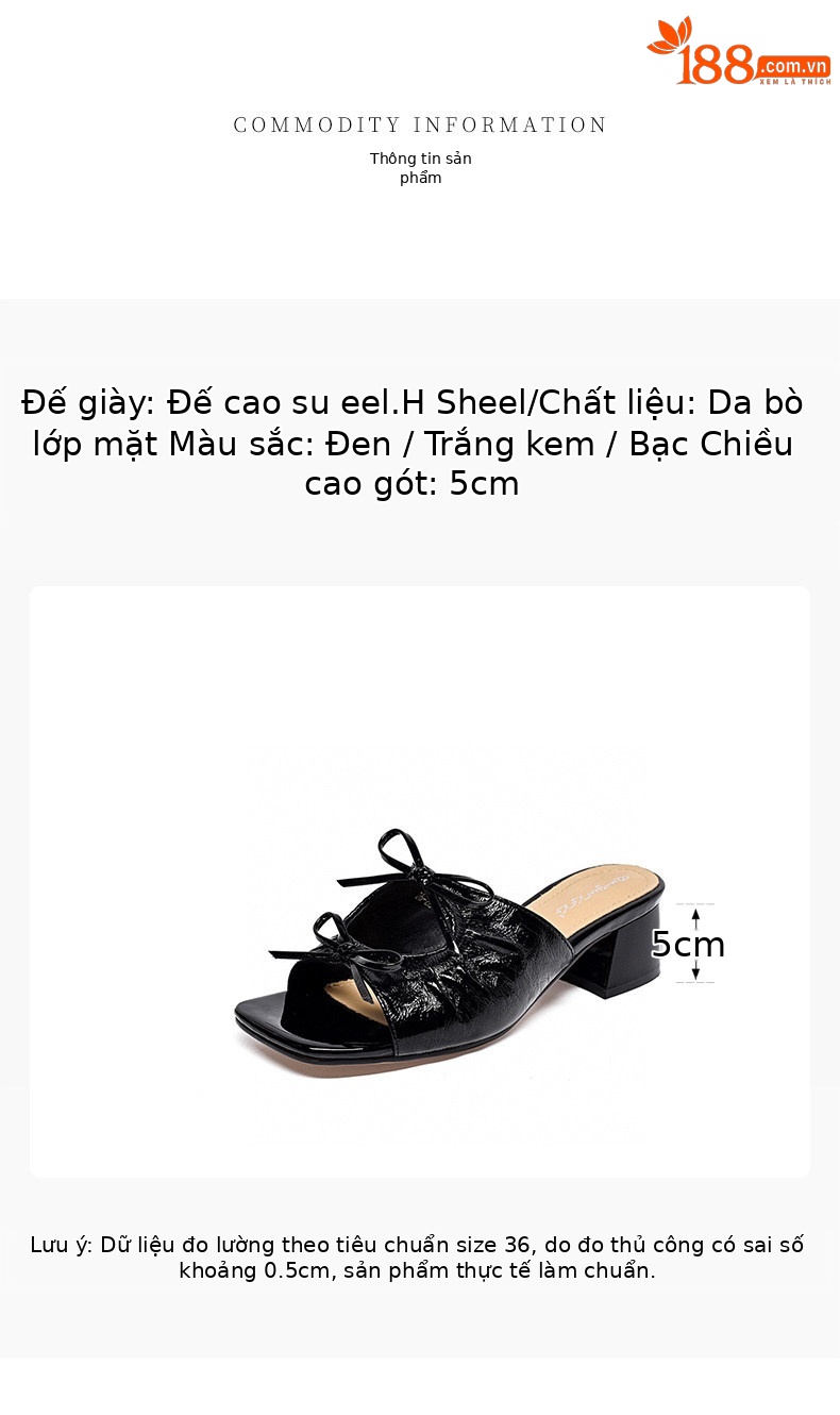 Dép sandal nữ da thật mũi cá nơ bướm quai ngang gót thấp đầu vuông — màu đen chi tiết 1