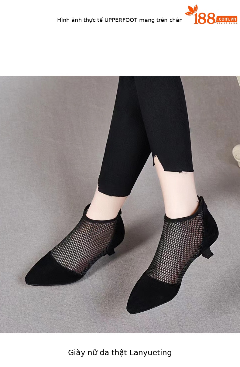 Sandal nữ mũi nhọn gót thấp lưới thoáng khí phong cách La Mã — màu đen chi tiết 3