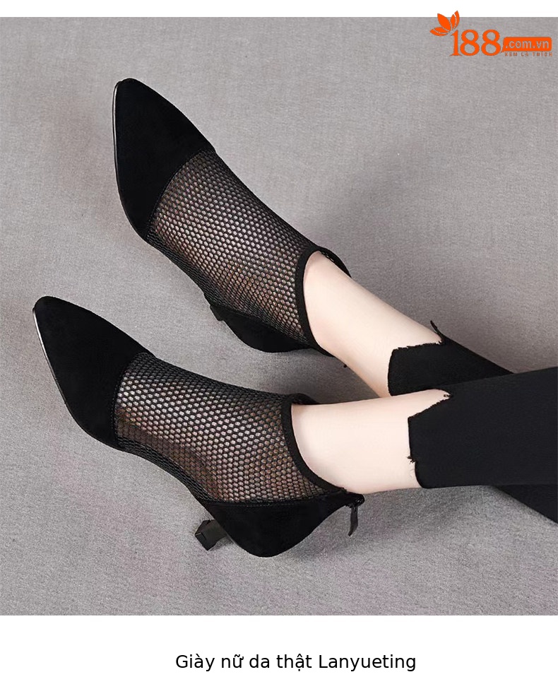 Sandal nữ mũi nhọn gót thấp lưới thoáng khí phong cách La Mã — màu đen chi tiết 5