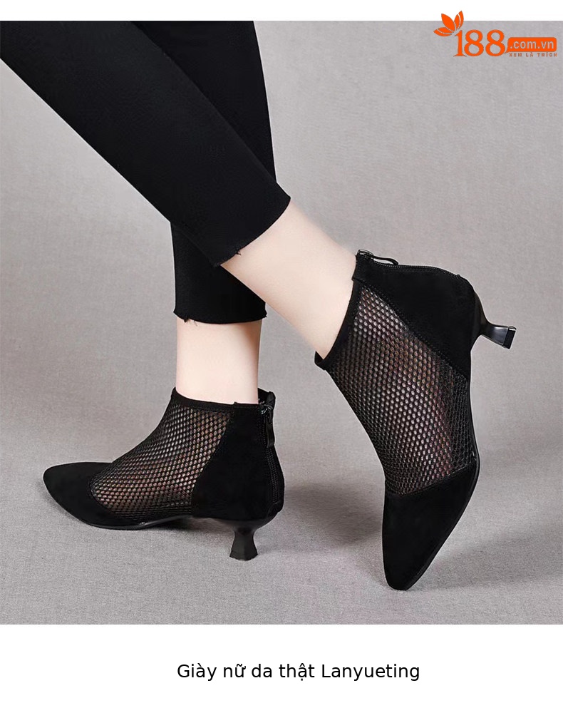 Sandal nữ mũi nhọn gót thấp lưới thoáng khí phong cách La Mã — màu đen chi tiết 6