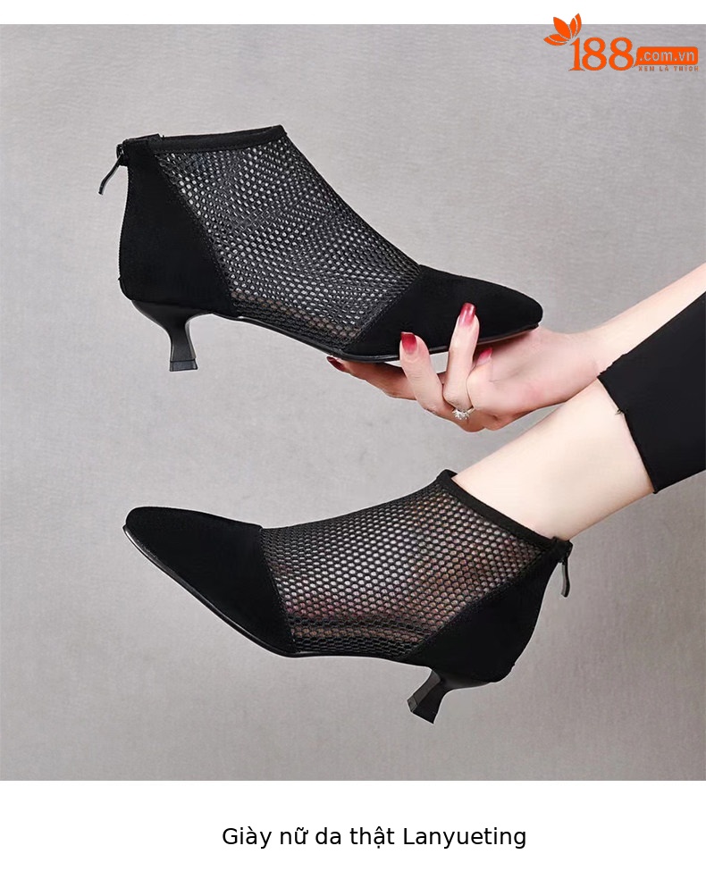 Sandal nữ mũi nhọn gót thấp lưới thoáng khí phong cách La Mã — màu đen chi tiết 7