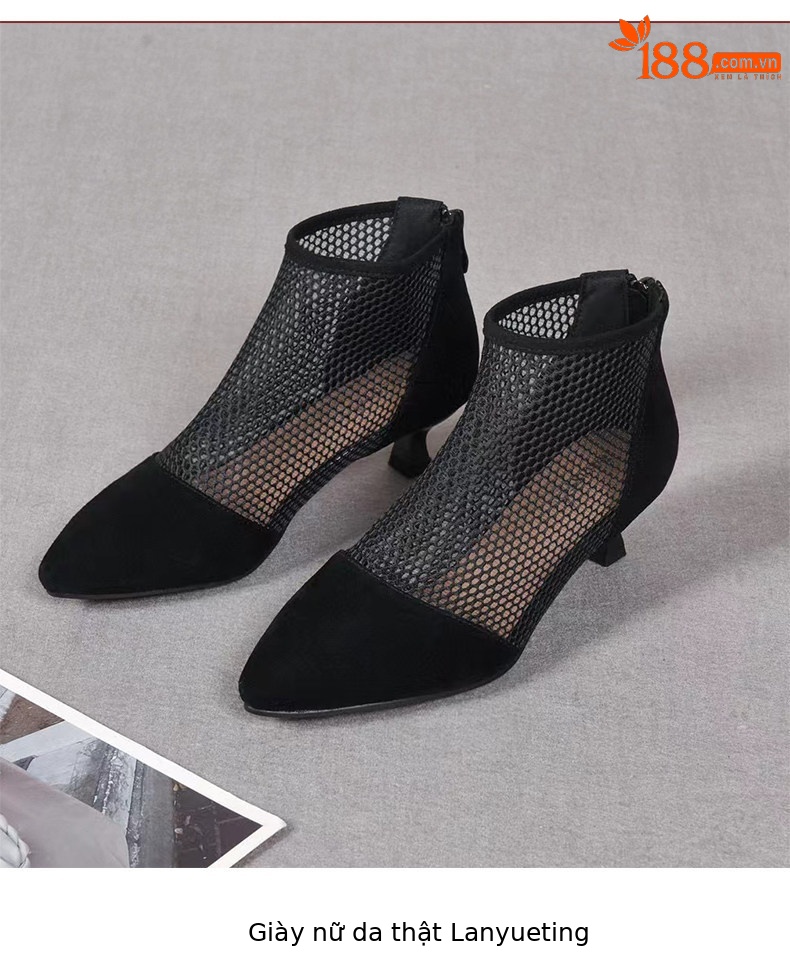 Sandal nữ mũi nhọn gót thấp lưới thoáng khí phong cách La Mã — màu đen chi tiết 8