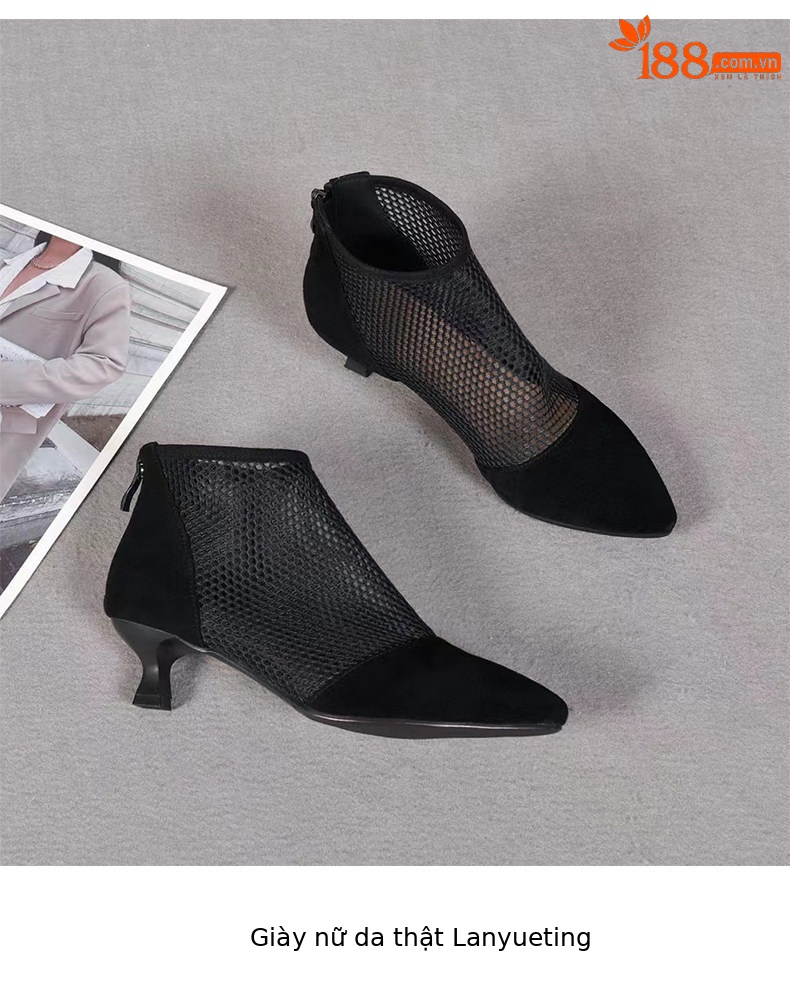 Sandal nữ mũi nhọn gót thấp lưới thoáng khí phong cách La Mã — màu đen chi tiết 9