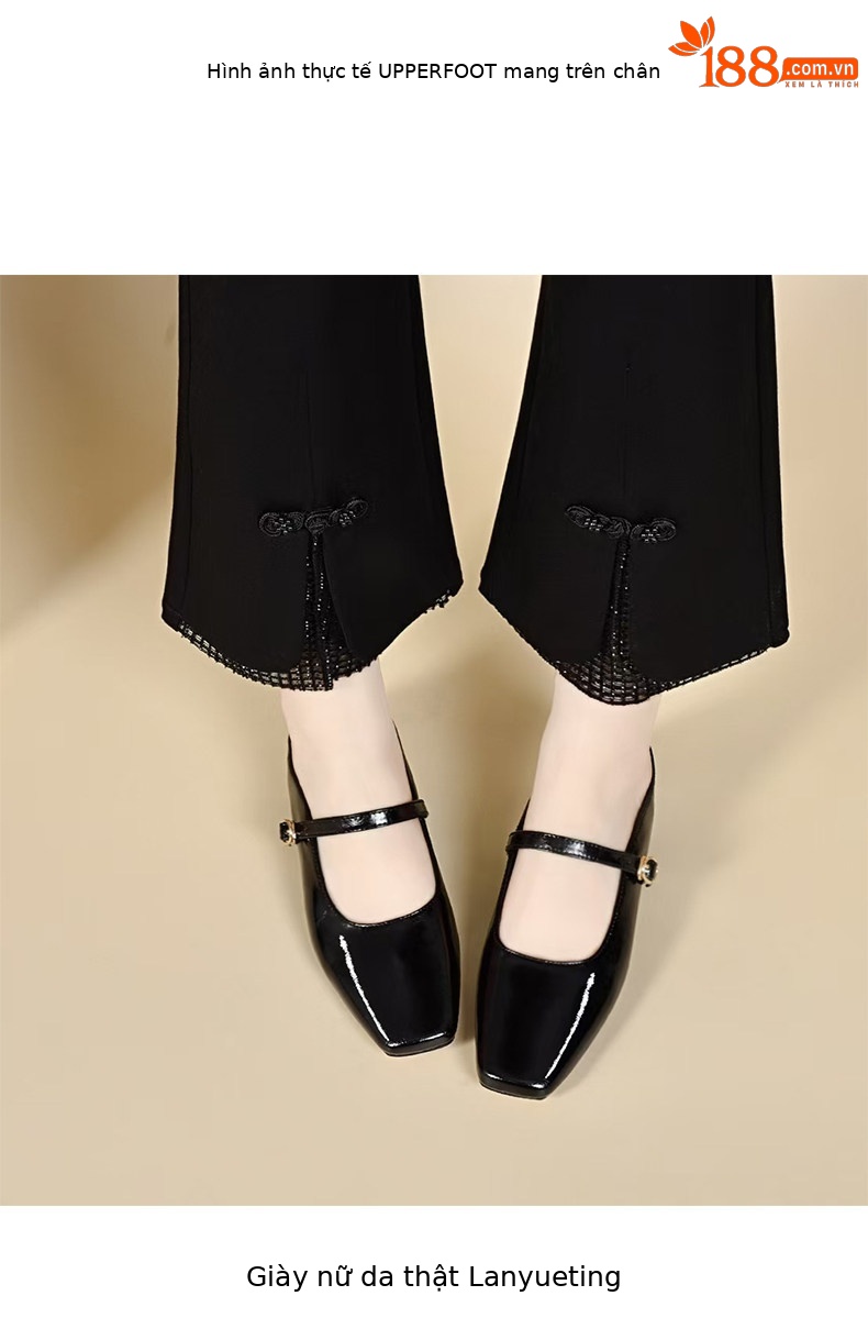 Sandal nữ da thật mũi vuông gót thô đế mềm chống trượt — màu đen chi tiết 3