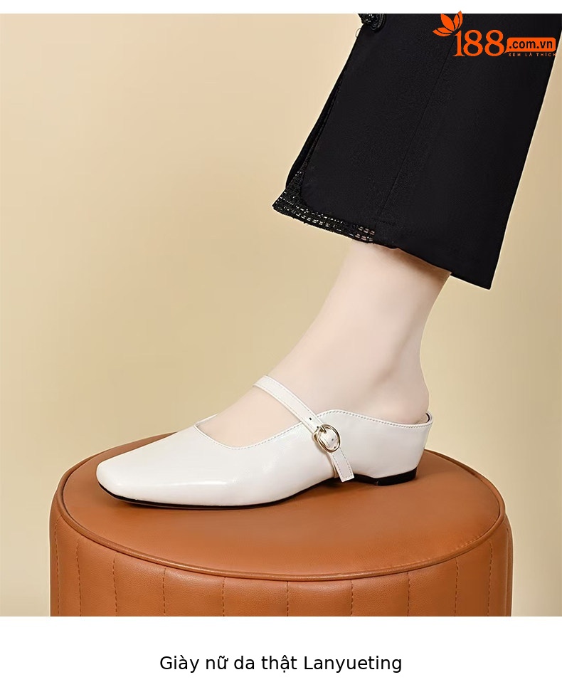 Sandal nữ da thật mũi vuông gót thô đế mềm chống trượt — màu đen chi tiết 4