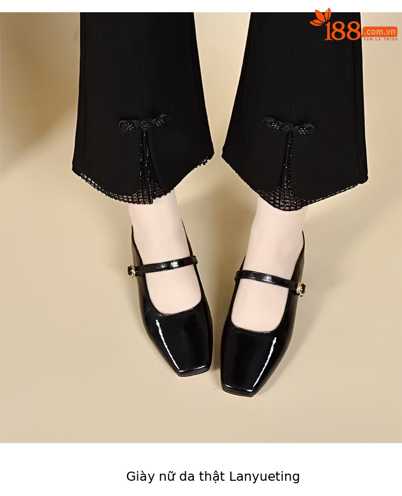 Sandal nữ da thật mũi vuông gót thô đế mềm chống trượt — màu đen chi tiết 5
