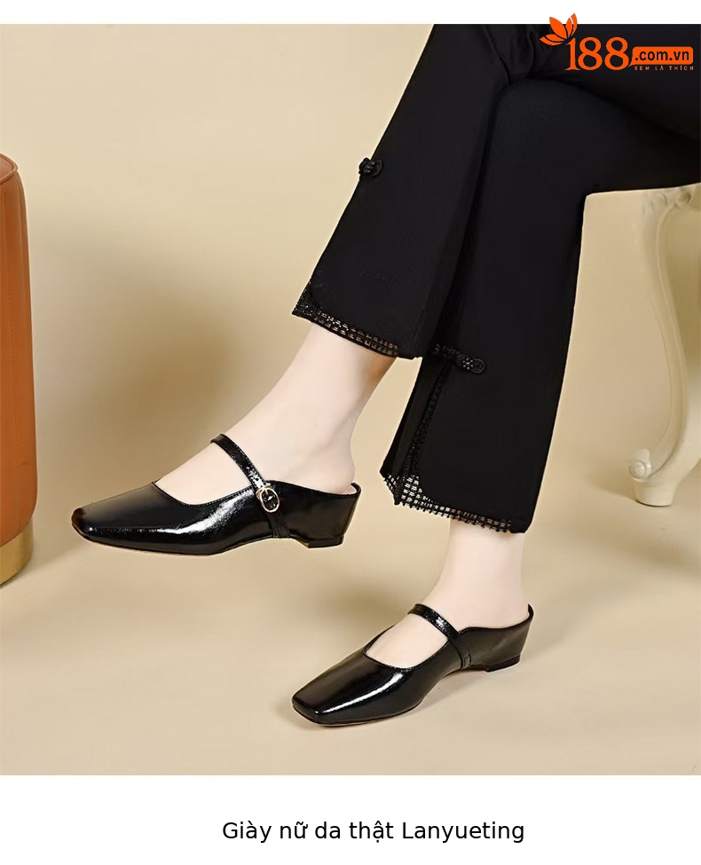 Sandal nữ da thật mũi vuông gót thô đế mềm chống trượt — màu đen chi tiết 6