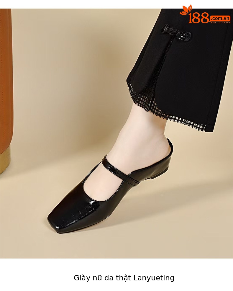 Sandal nữ da thật mũi vuông gót thô đế mềm chống trượt — màu đen chi tiết 7