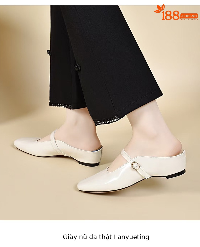 Sandal nữ da thật mũi vuông gót thô đế mềm chống trượt — màu đen chi tiết 8