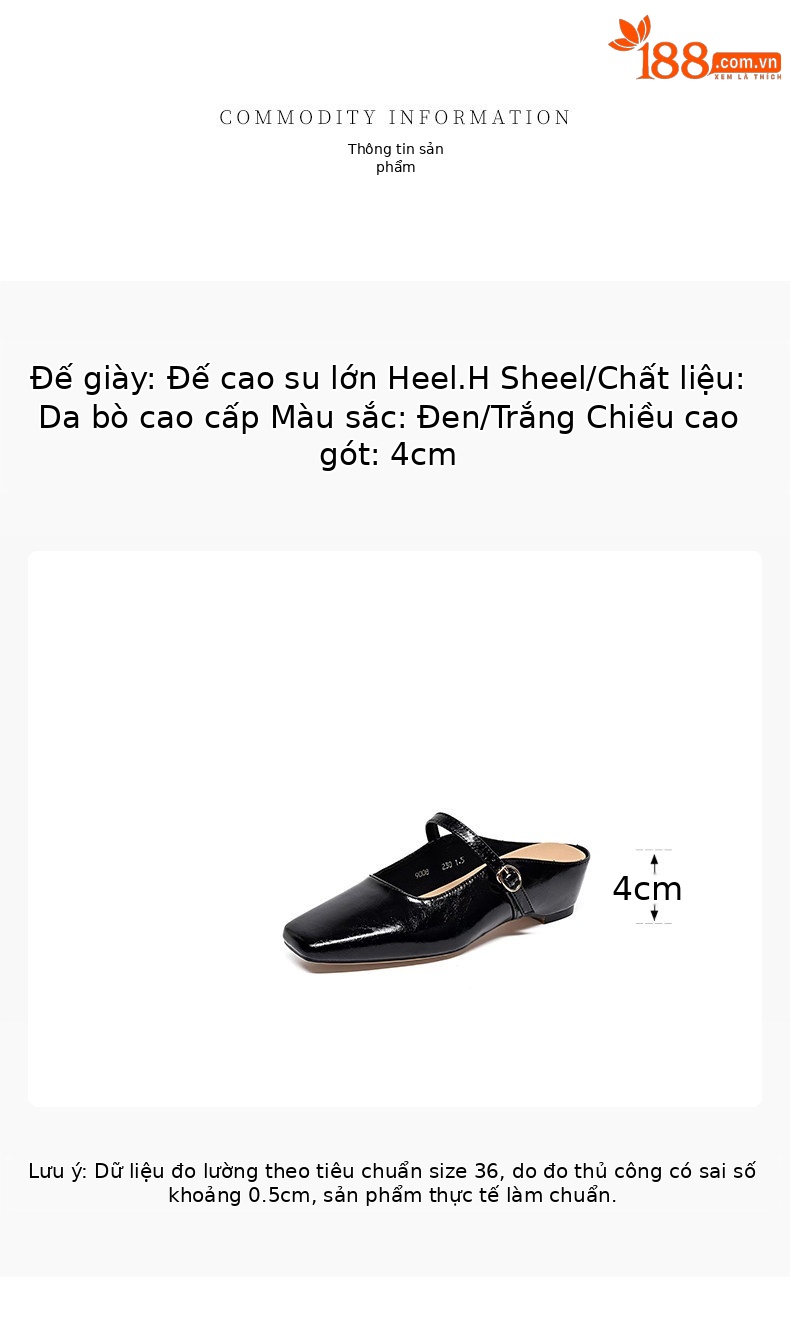 Sandal nữ da thật mũi vuông gót thô đế mềm chống trượt — màu đen chi tiết 1
