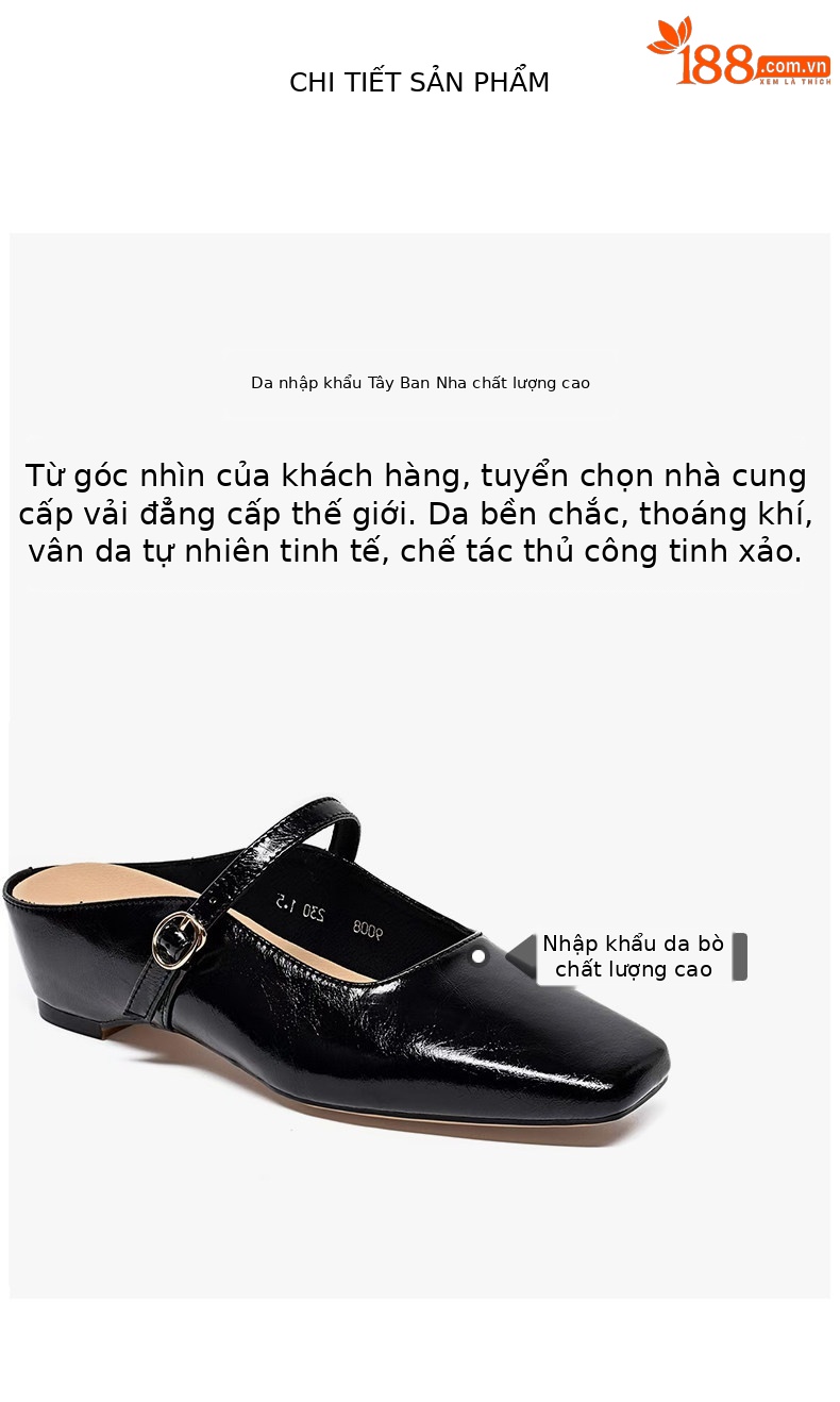 Sandal nữ da thật mũi vuông gót thô đế mềm chống trượt — màu đen chi tiết 2