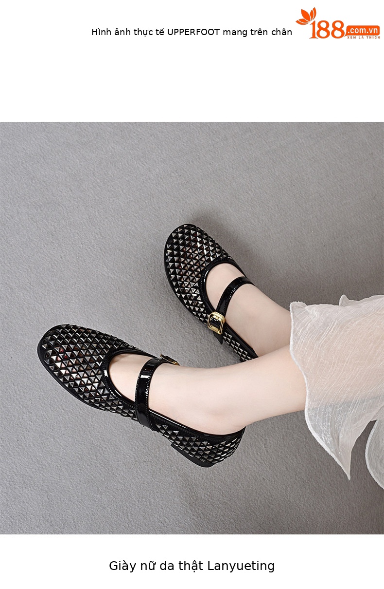 Giày Mary Jane nữ đế bệt mũi tròn quai ngang đính đá rhinestone — màu đen chi tiết 2