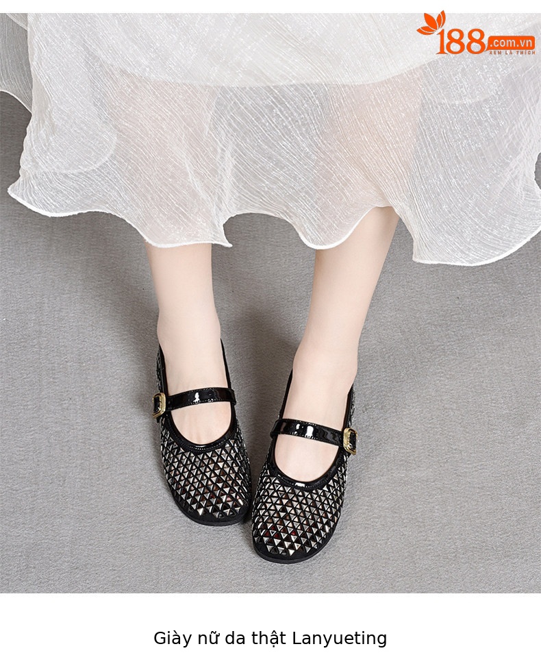 Giày Mary Jane nữ đế bệt mũi tròn quai ngang đính đá rhinestone — màu đen chi tiết 3