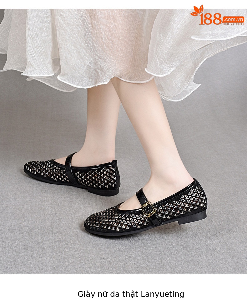 Giày Mary Jane nữ đế bệt mũi tròn quai ngang đính đá rhinestone — màu đen chi tiết 6