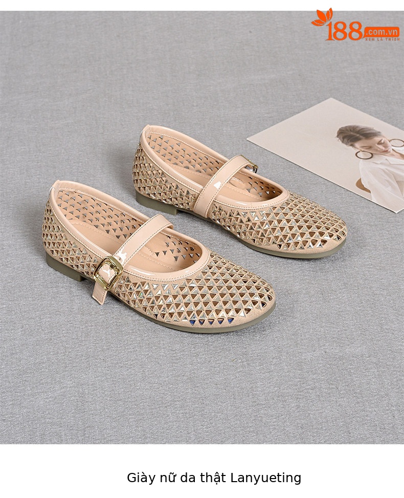 Giày Mary Jane nữ đế bệt mũi tròn quai ngang đính đá rhinestone — màu đen chi tiết 7