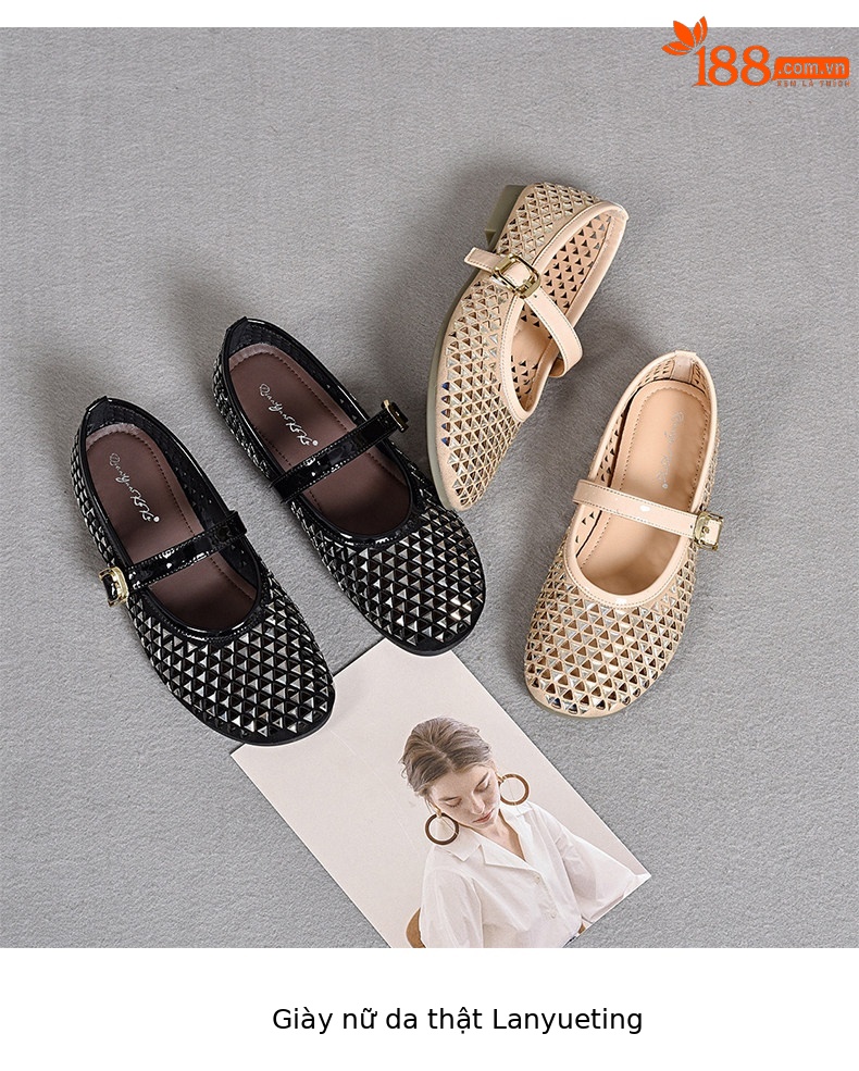Giày Mary Jane nữ đế bệt mũi tròn quai ngang đính đá rhinestone — màu đen chi tiết 8