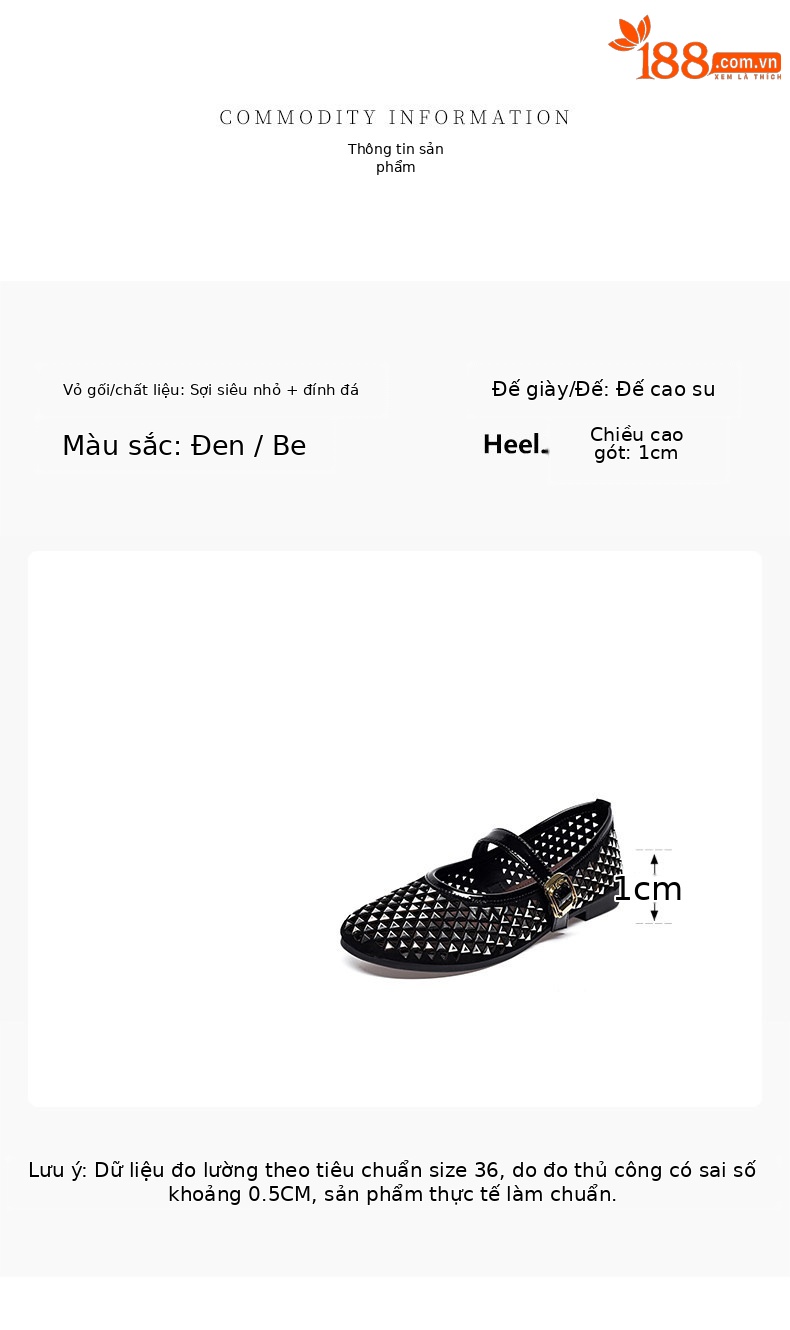Giày Mary Jane nữ đế bệt mũi tròn quai ngang đính đá rhinestone — màu đen chi tiết 1