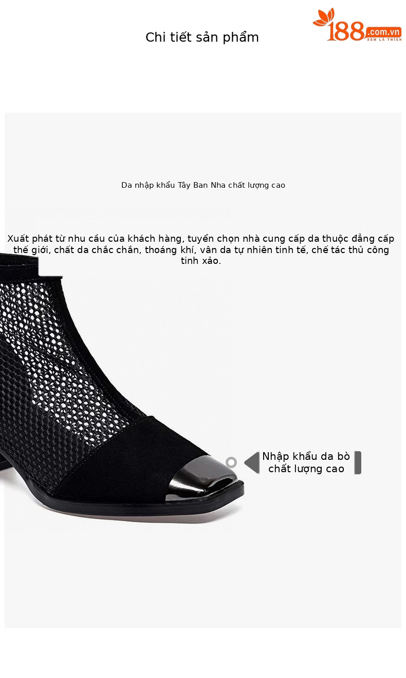 Sandal nữ da thật đầu vuông lưới sợi mát gót thô rỗng thoáng khí phong cách La Mã — Màu đen - Da bò chi tiết 2