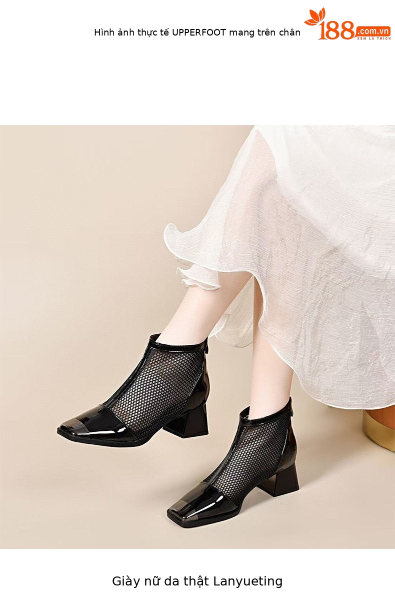 Sandal nữ da thật đầu vuông lưới sợi mát gót thô rỗng thoáng khí phong cách La Mã — Màu đen - Da bò chi tiết 3