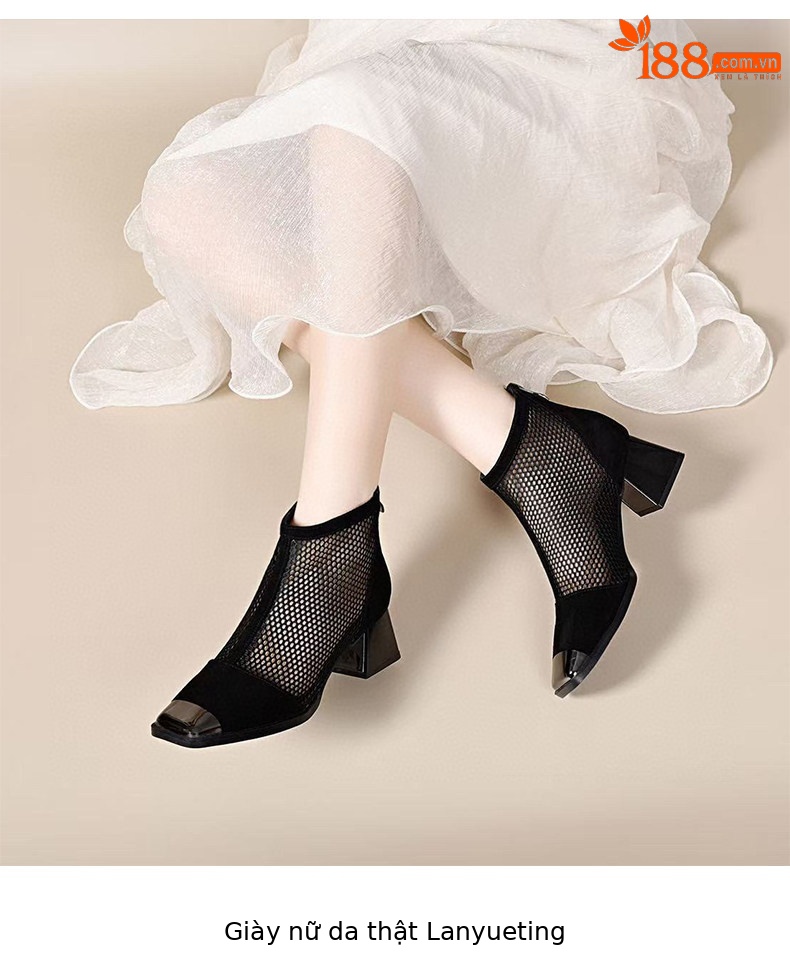 Sandal nữ da thật đầu vuông lưới sợi mát gót thô rỗng thoáng khí phong cách La Mã — Màu đen - Da bò chi tiết 4