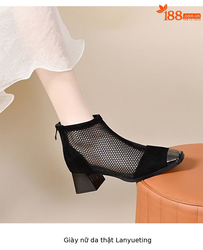 Sandal nữ da thật đầu vuông lưới sợi mát gót thô rỗng thoáng khí phong cách La Mã — Màu đen - Da bò chi tiết 5