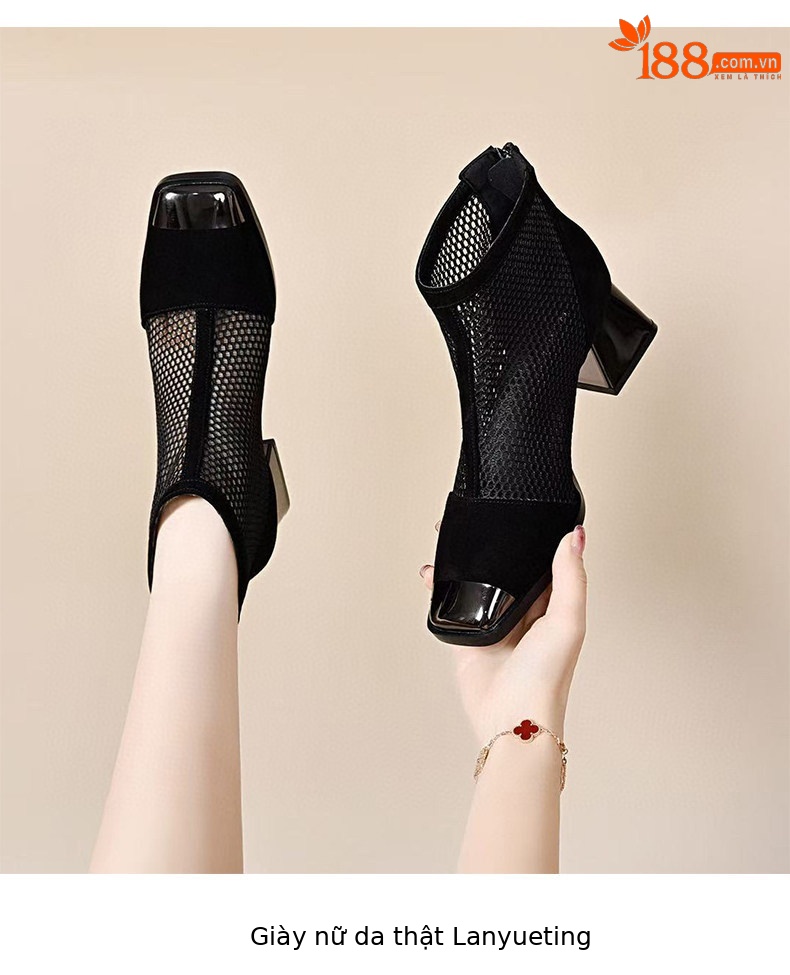 Sandal nữ da thật đầu vuông lưới sợi mát gót thô rỗng thoáng khí phong cách La Mã — Màu đen - Da bò chi tiết 6