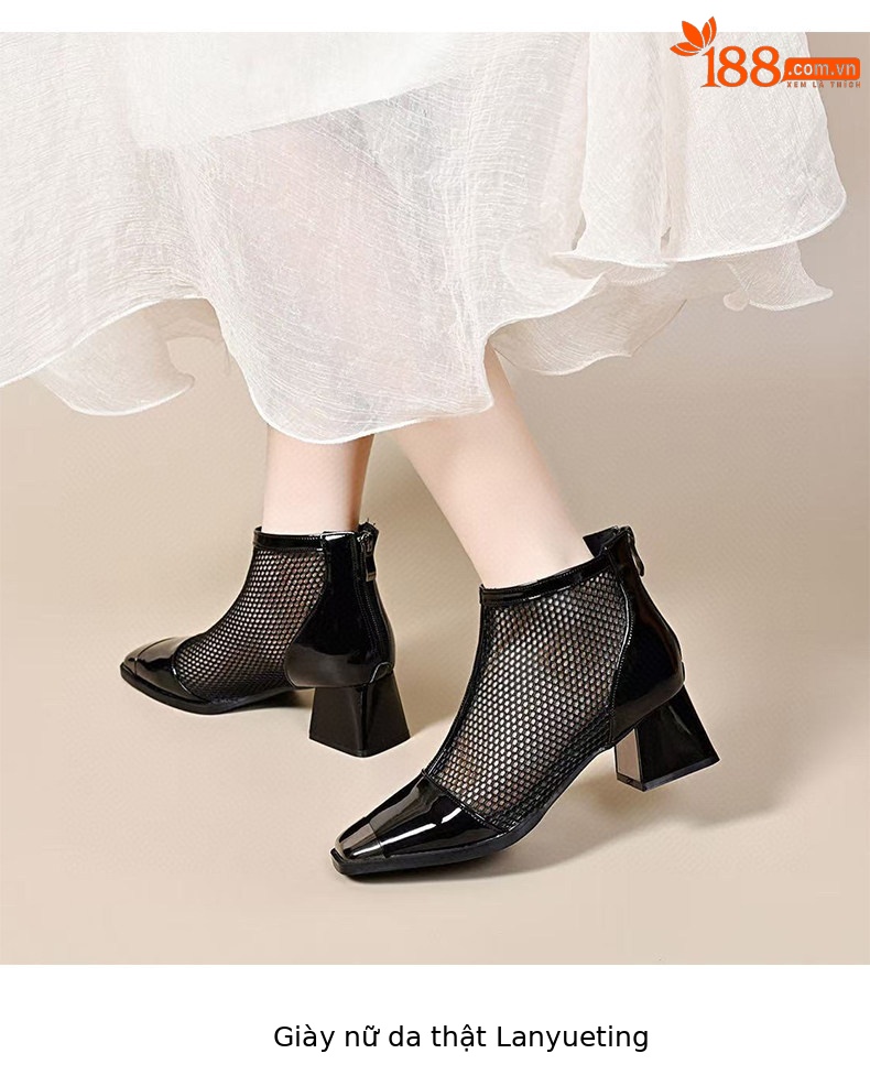 Sandal nữ da thật đầu vuông lưới sợi mát gót thô rỗng thoáng khí phong cách La Mã — Màu đen - Da bò chi tiết 7