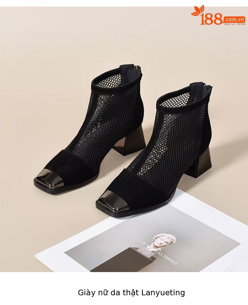 Sandal nữ da thật đầu vuông lưới sợi mát gót thô rỗng thoáng khí phong cách La Mã — Màu đen - Da bò chi tiết 8