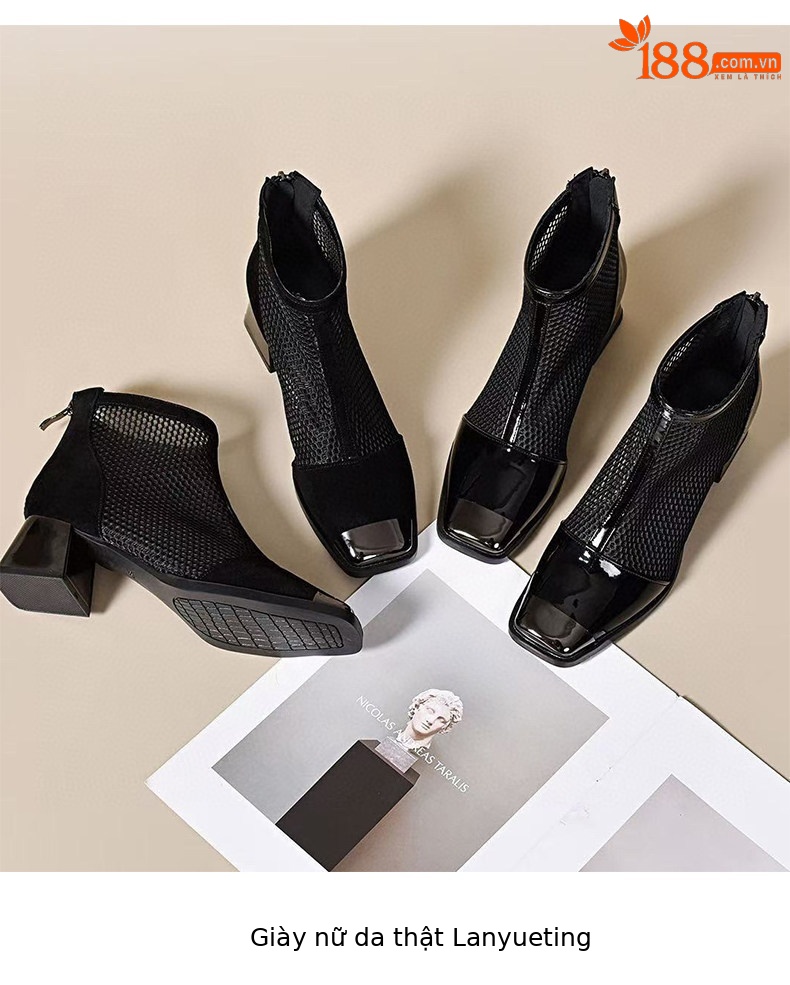 Sandal nữ da thật đầu vuông lưới sợi mát gót thô rỗng thoáng khí phong cách La Mã — Màu đen - Da bò chi tiết 9