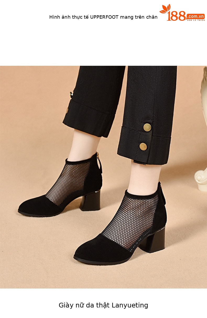 Sandal cao gót nữ mũi nhọn gót thô lưới thoáng khí phong cách La Mã — màu đen chi tiết 3