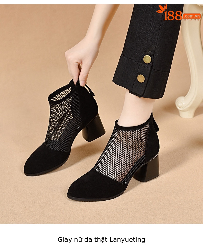 Sandal cao gót nữ mũi nhọn gót thô lưới thoáng khí phong cách La Mã — màu đen chi tiết 4