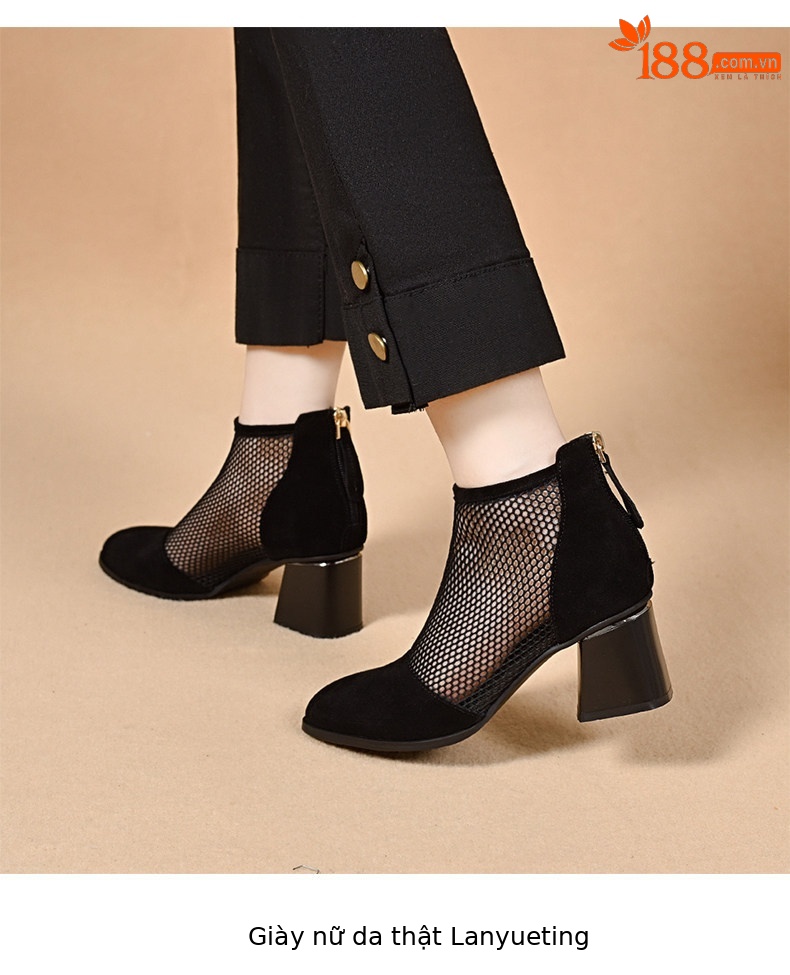 Sandal cao gót nữ mũi nhọn gót thô lưới thoáng khí phong cách La Mã — màu đen chi tiết 6