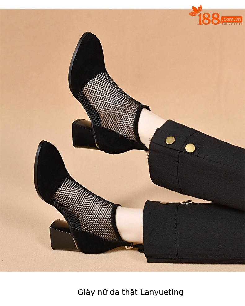 Sandal cao gót nữ mũi nhọn gót thô lưới thoáng khí phong cách La Mã — màu đen chi tiết 7