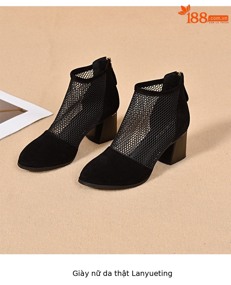 Sandal cao gót nữ mũi nhọn gót thô lưới thoáng khí phong cách La Mã — màu đen chi tiết 8