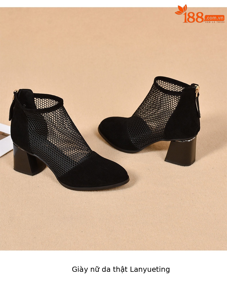 Sandal cao gót nữ mũi nhọn gót thô lưới thoáng khí phong cách La Mã — màu đen chi tiết 9