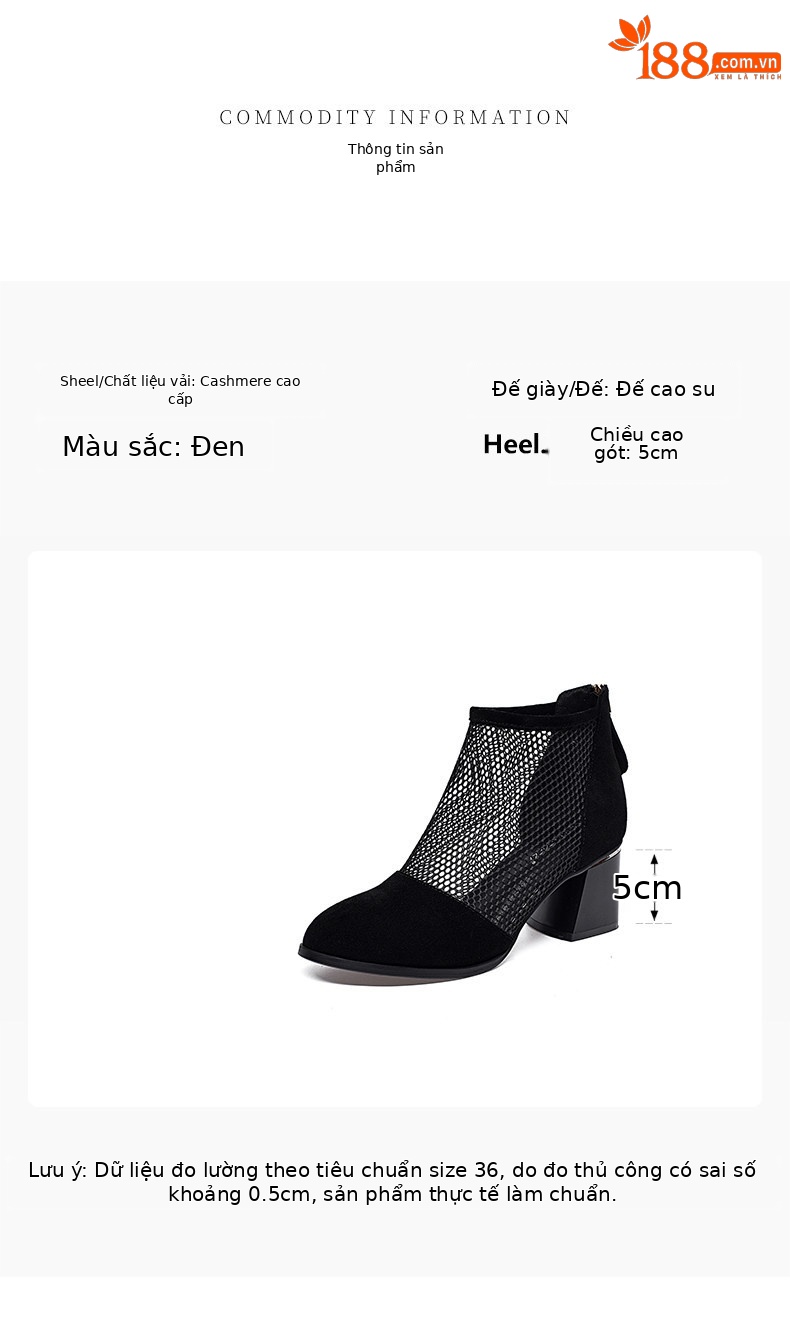 Sandal cao gót nữ mũi nhọn gót thô lưới thoáng khí phong cách La Mã — màu đen chi tiết 1