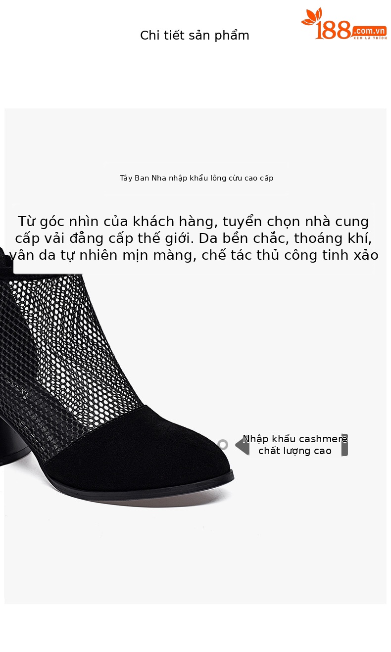 Sandal cao gót nữ mũi nhọn gót thô lưới thoáng khí phong cách La Mã — màu đen chi tiết 2