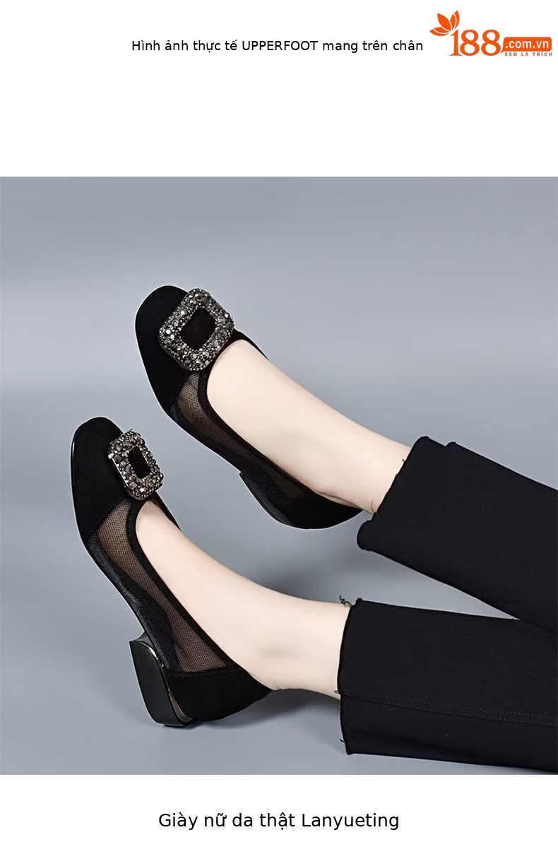 Sandal nữ da thật mũi tròn gót thấp lưới hở mũi — màu đen chi tiết 3