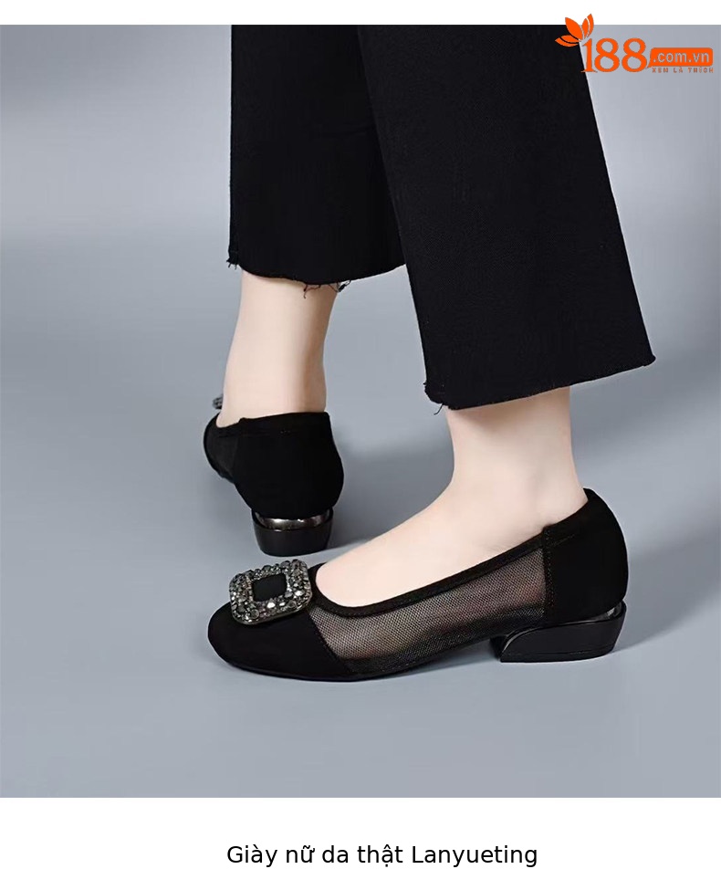 Sandal nữ da thật mũi tròn gót thấp lưới hở mũi — màu đen chi tiết 4