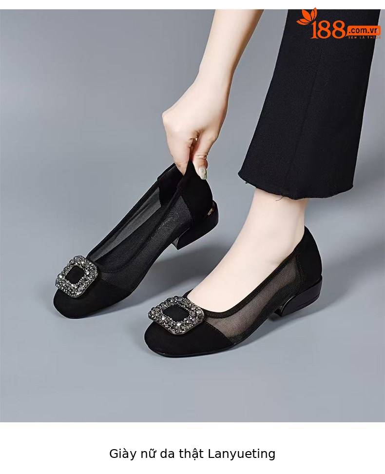 Sandal nữ da thật mũi tròn gót thấp lưới hở mũi — màu đen chi tiết 5