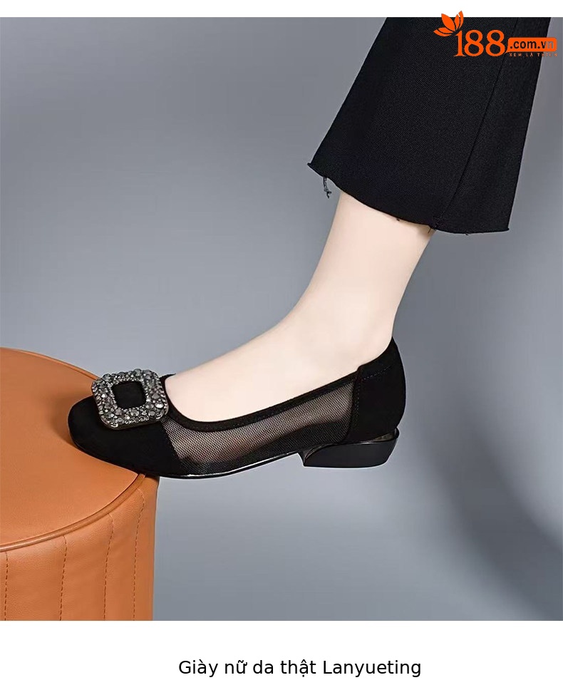 Sandal nữ da thật mũi tròn gót thấp lưới hở mũi — màu đen chi tiết 6