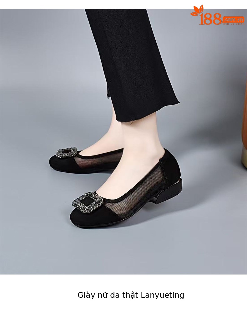 Sandal nữ da thật mũi tròn gót thấp lưới hở mũi — màu đen chi tiết 7