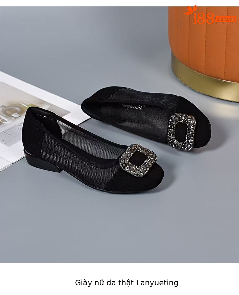 Sandal nữ da thật mũi tròn gót thấp lưới hở mũi — màu đen chi tiết 8
