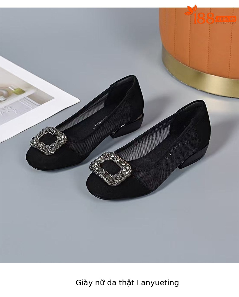 Sandal nữ da thật mũi tròn gót thấp lưới hở mũi — màu đen chi tiết 9